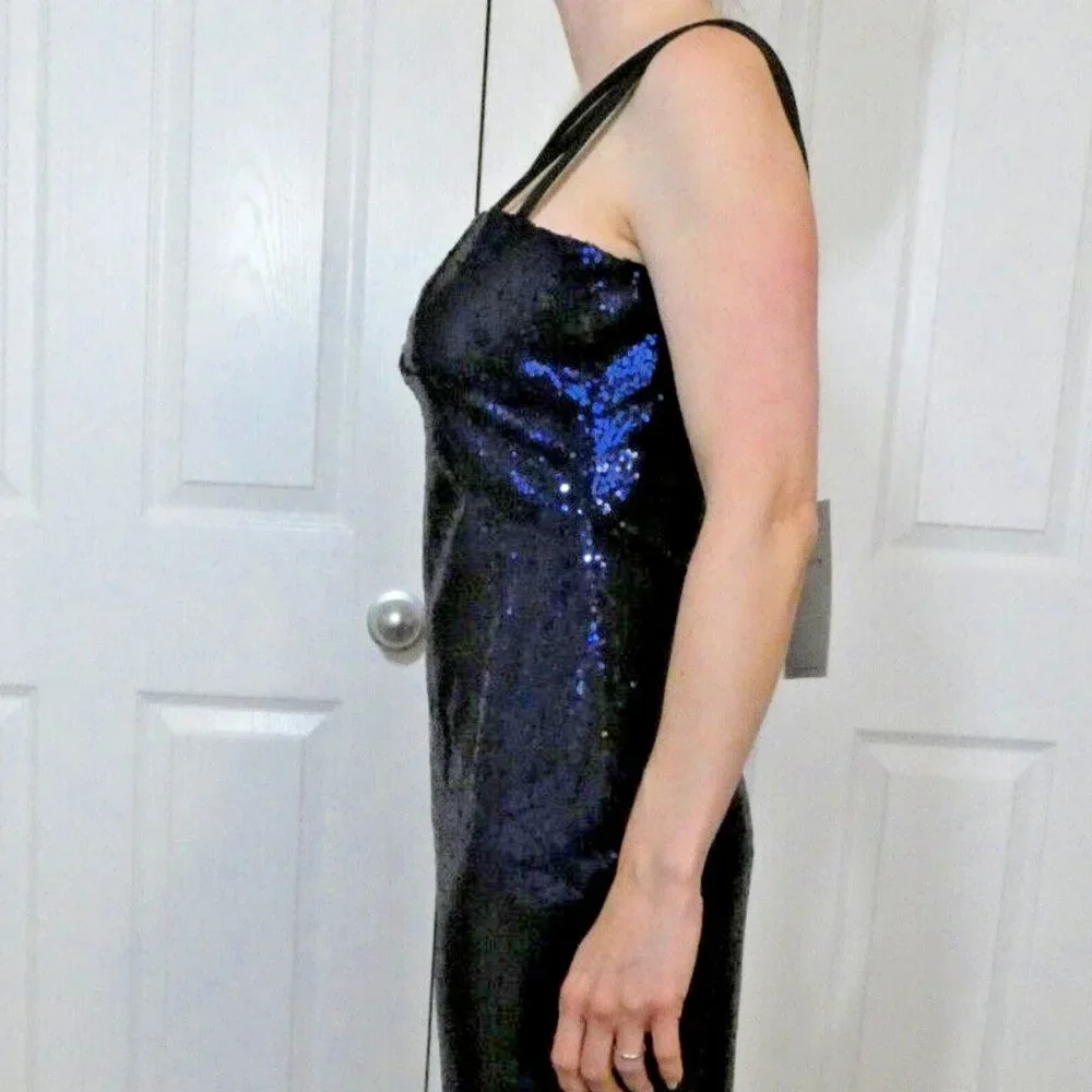 Vintage Vamp Dress Blue Sequins Sexy Prom Goth Cocktail Party Petite Size SP - Picture 5 of 10